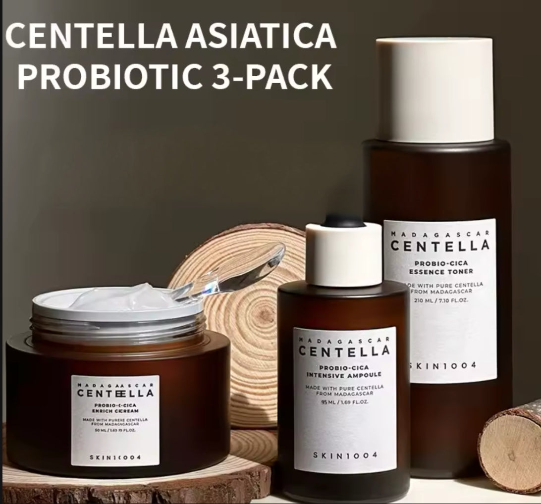 SKIN1004 Madagascar Centella Asiatica Probio-Cica Skincare Set displayed with hydrating cream and essence toner.