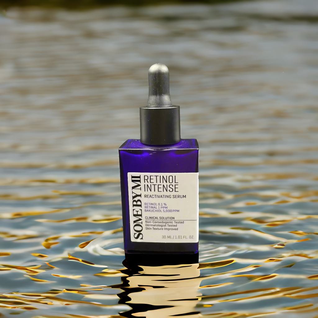 SOME BY MI - Intense Reactive Retinol Serum displayed on water, promoting anti-aging and improved skin hydration.