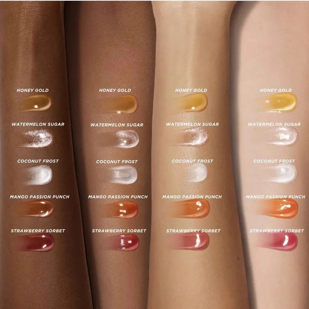 Swatches of Honey Infused Hydrating Lip Oil shades, showcasing nourishing lip moisturizer shine for smooth, clear lipstick care.
