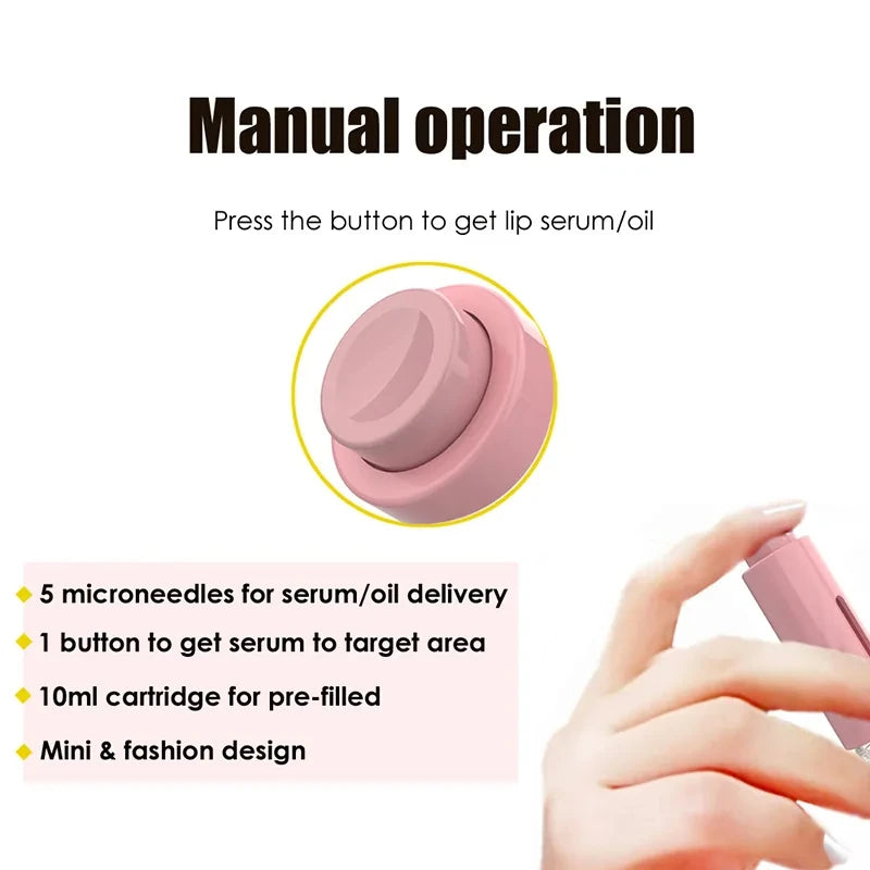 Manual operation of the Lip Roller- 105 Pin Microneedles with Serum Applicator for easy serum delivery.