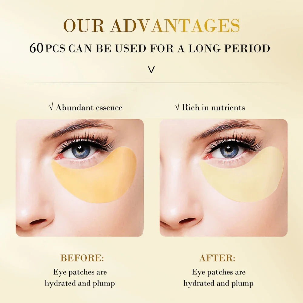 Hydrating eye patches with 24K gold hyaluronic acid, reducing dark circles for effective skincare solutions.