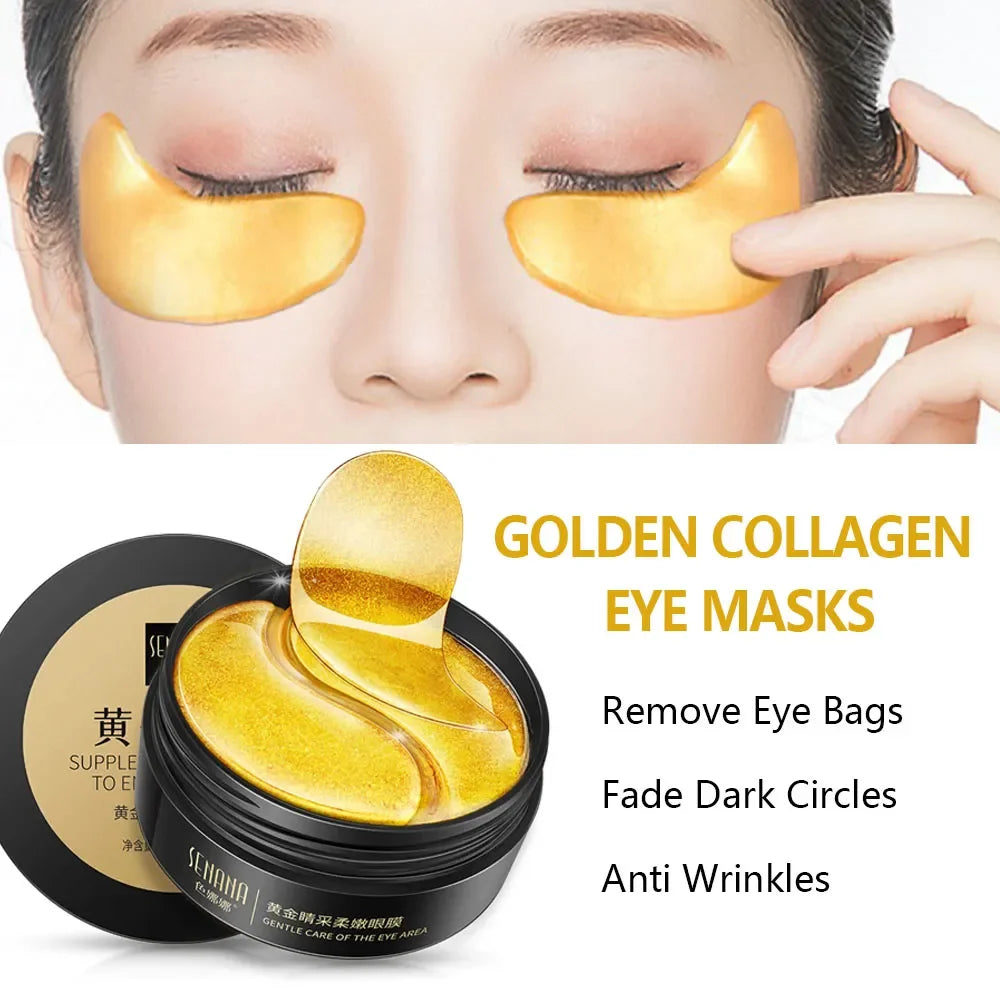 Hydrating gold eye mask with hyaluronic acid; reduces dark circles and puffiness. Perfect Korean skincare product.