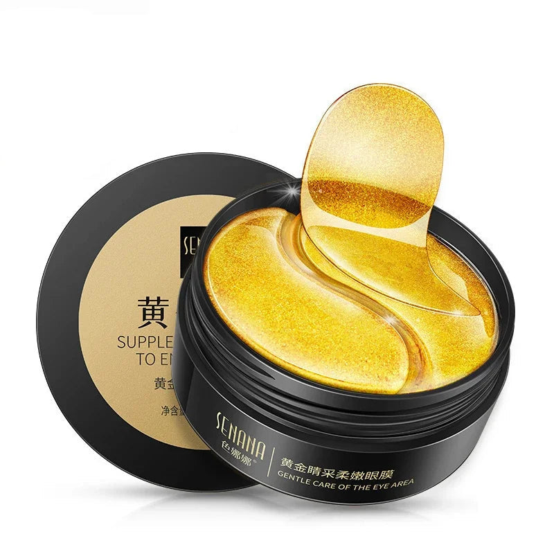 Collagen eye patches with 24K gold and hyaluronic acid, reducing dark circles and hydrating skin, perfect for Korean skincare.